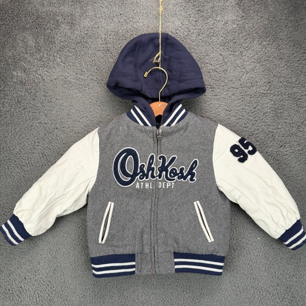 OshKosh Boys 3T Gray Navy Blue Varsity Letterman Jacket Hooded B218JS1-SA